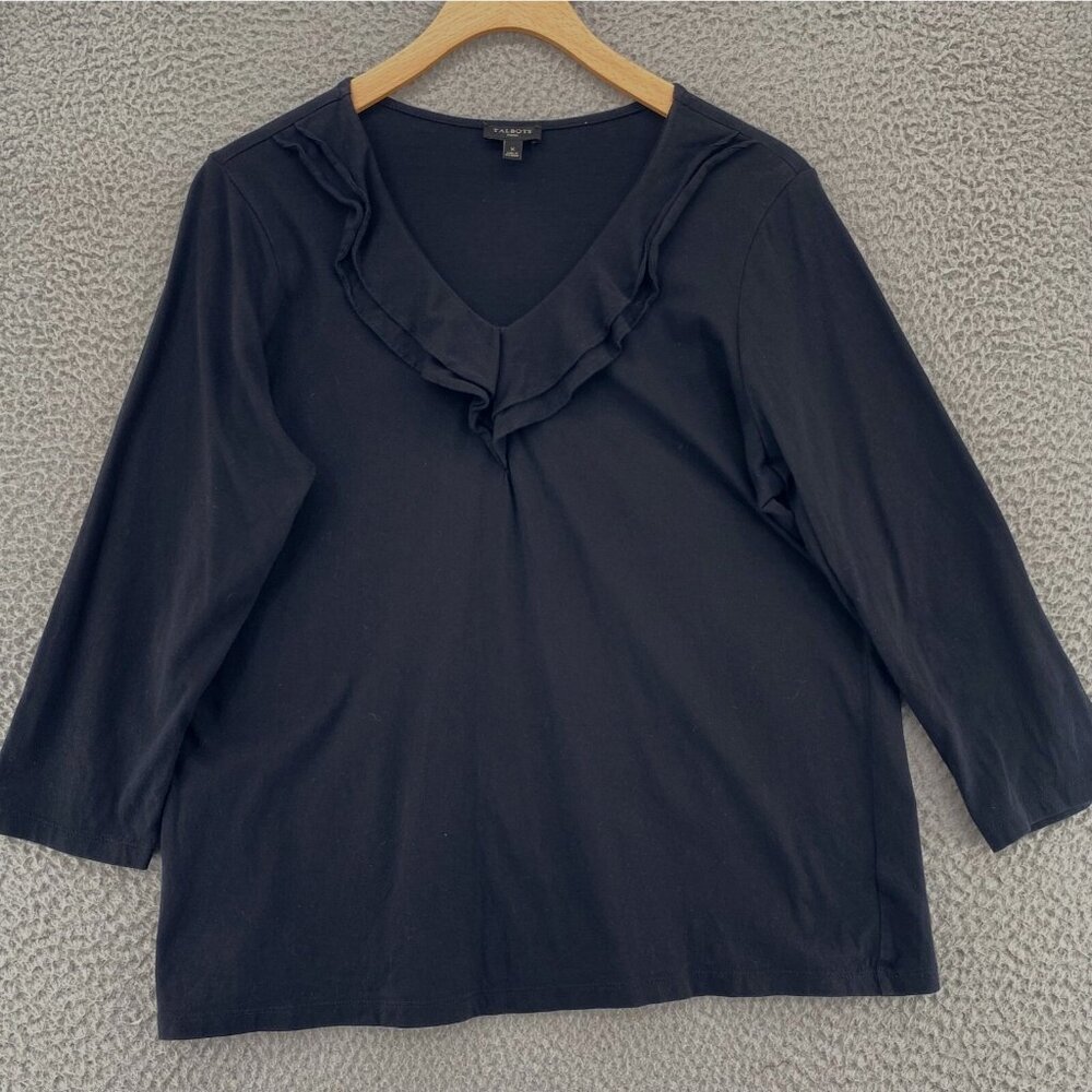 Talbots Top Womens X Plus Black 3/4 Sleeve Tiered Neck Pullover Stretch Casual